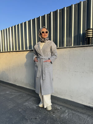 Si Desing Yanları Yırtmaçlı Kaşe Kaban AÇIK GRİ 