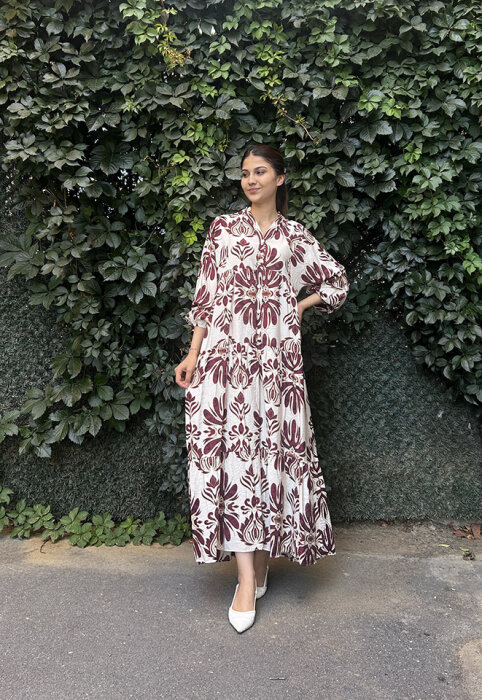 Sovera Motif Desen Mango Elbise KIRMIZI - 2