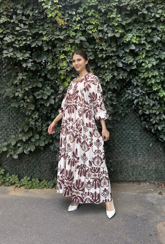 Sovera Motif Desen Mango Elbise KIRMIZI - 3