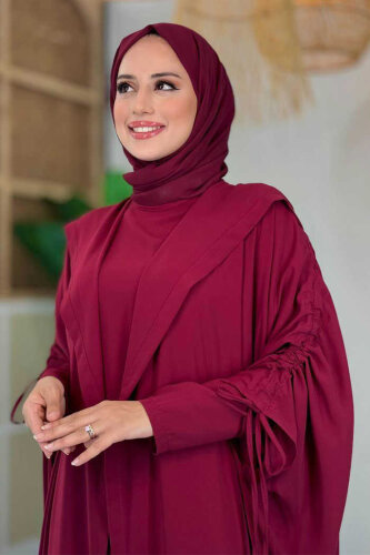 StudioNish Abaya Elbise Takım BORDO - 4
