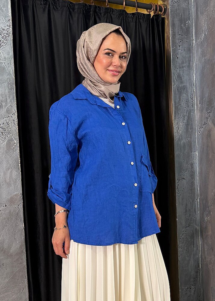 StudioNish Alt Cepli Keten Gömlek LACİVERT - 3