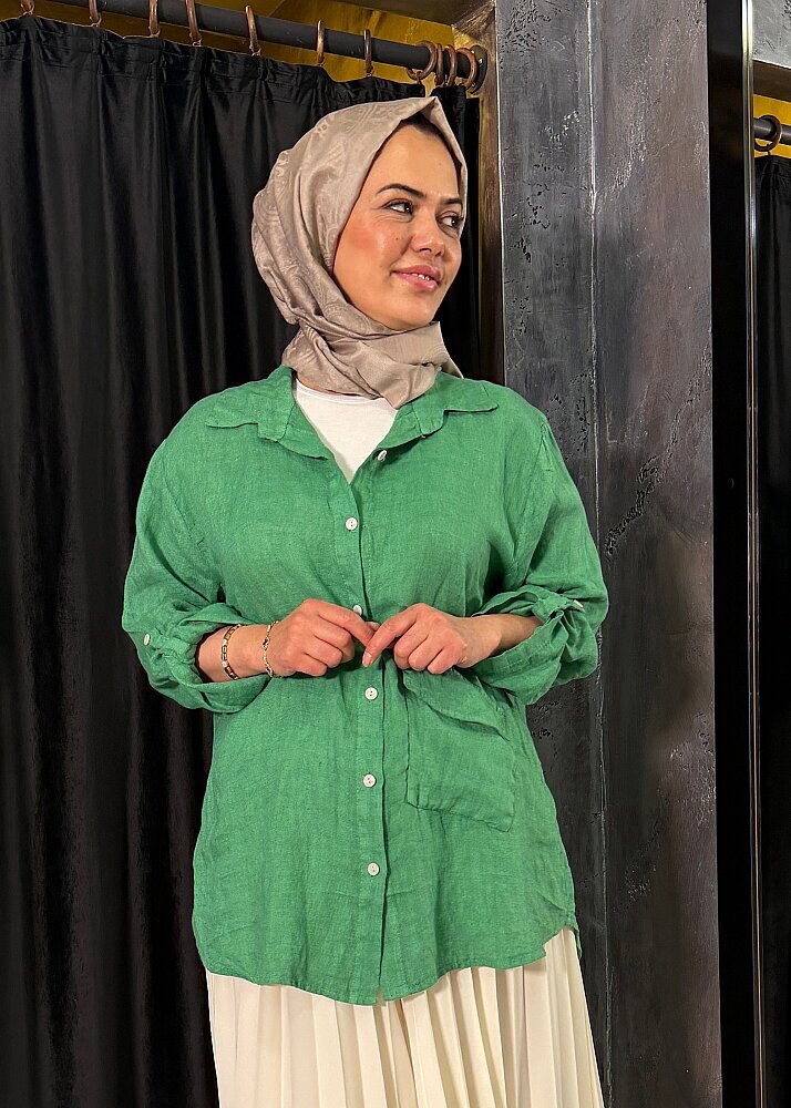 StudioNish Alt Cepli Keten Gömlek YEŞİL - 3
