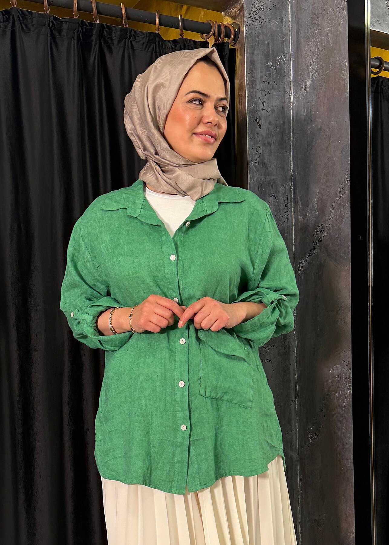StudioNish Alt Cepli Keten Gömlek YEŞİL - 3