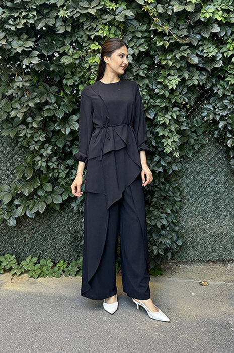StudioNish Asimetrik Kesim Tunik ve Pantolon Takım SİYAH - 3