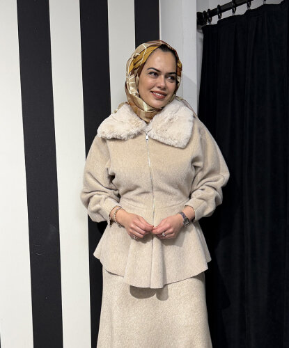 StudioNish Bella Yakası Kürklü Fox Kaban BEJ