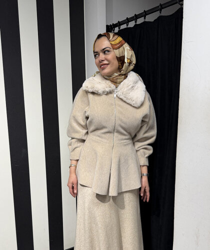 StudioNish Bella Yakası Kürklü Fox Kaban BEJ - 2