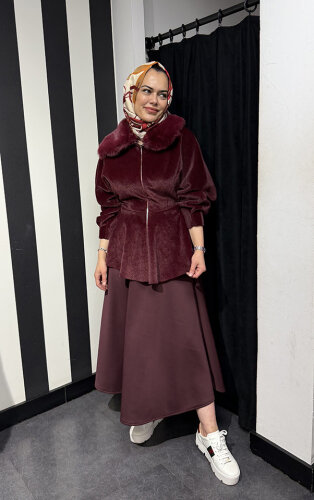 StudioNish Bella Yakası Kürklü Fox Kaban Burgonya