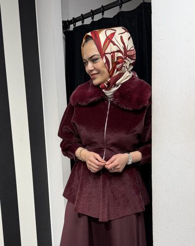 StudioNish Bella Yakası Kürklü Fox Kaban Burgonya - 2