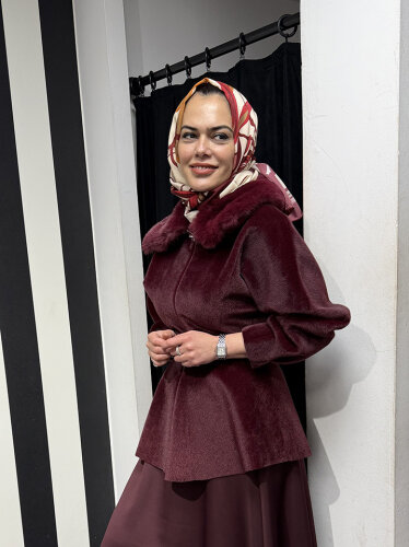 StudioNish Bella Yakası Kürklü Fox Kaban Burgonya - 3