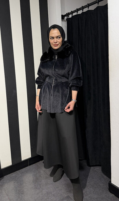 StudioNish Bella Yakası Kürklü Fox Kaban SİYAH - 2