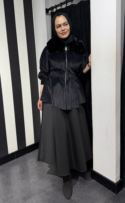 StudioNish Bella Yakası Kürklü Fox Kaban SİYAH - 3