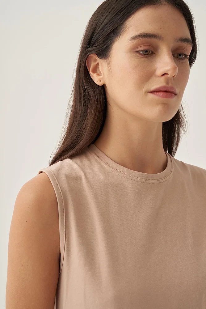 StudioNish Bisiklet Yaka Kolsuz Pamuklu Likralı T-Shirt BEJ - 3