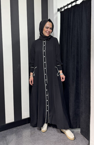 StudioNish Boydan Düğmeli Ferace Elbise SİYAH - STUDIO NİSH