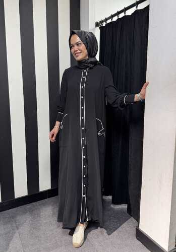 StudioNish Boydan Düğmeli Ferace Elbise SİYAH - 2