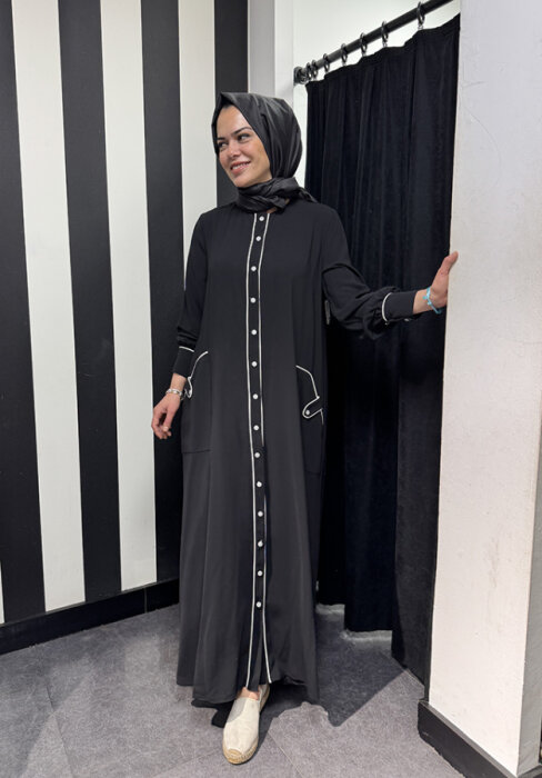 StudioNish Boydan Düğmeli Ferace Elbise SİYAH - 2