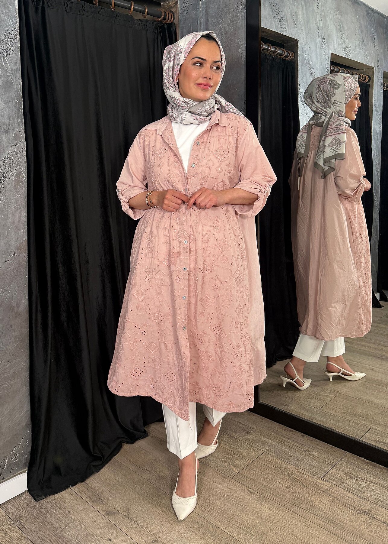 StudioNish Keten Elbise İşlemeli PEMBE - 3