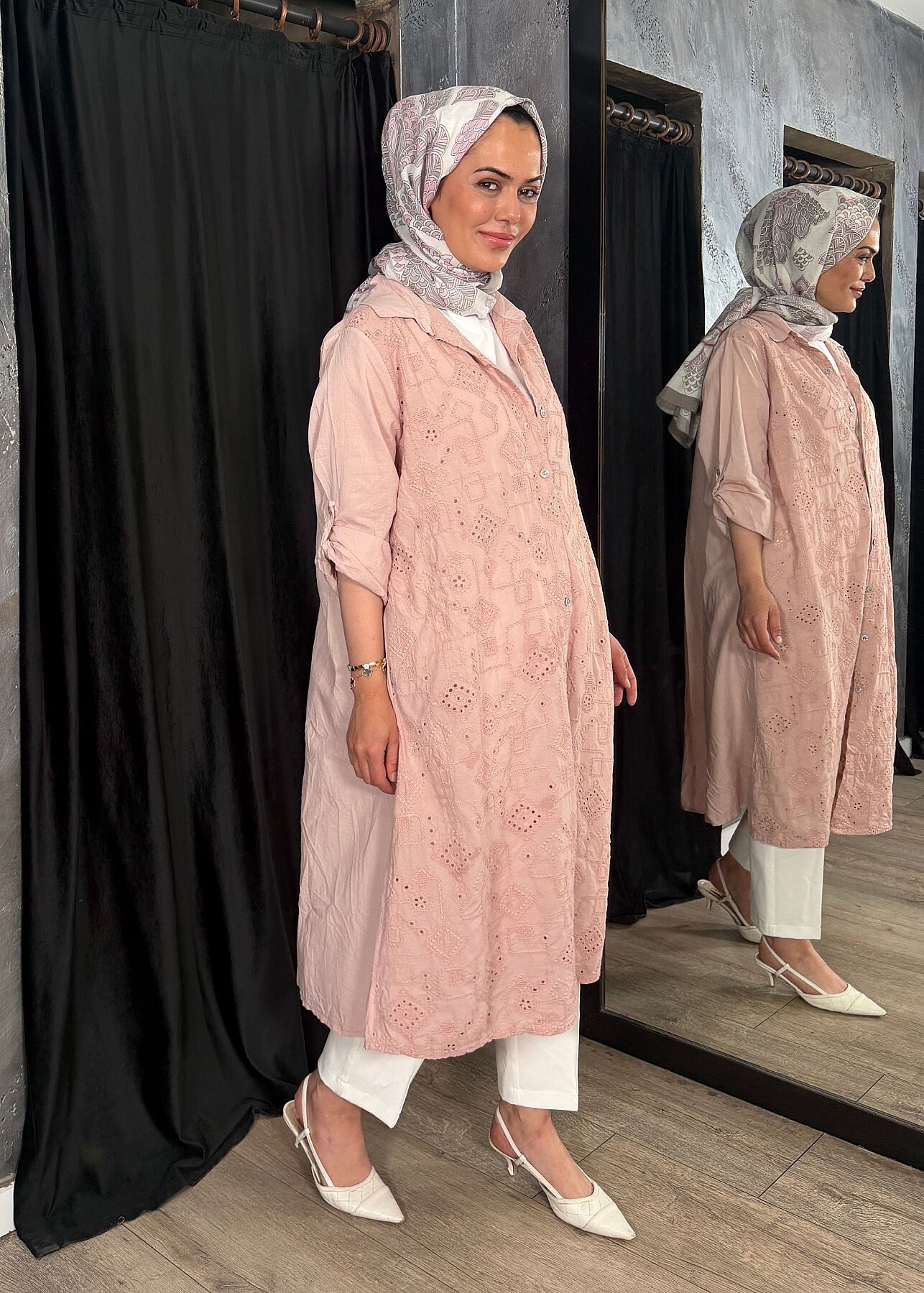 StudioNish Keten Elbise İşlemeli PEMBE - 6