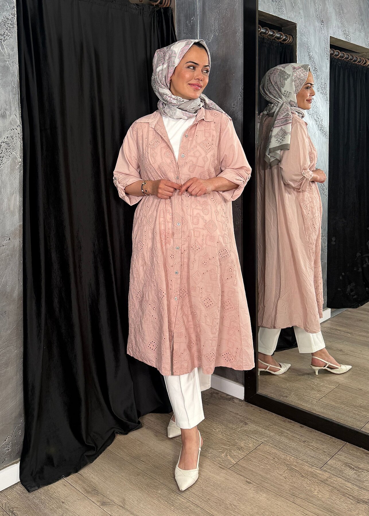 StudioNish Keten Elbise İşlemeli PEMBE - 1