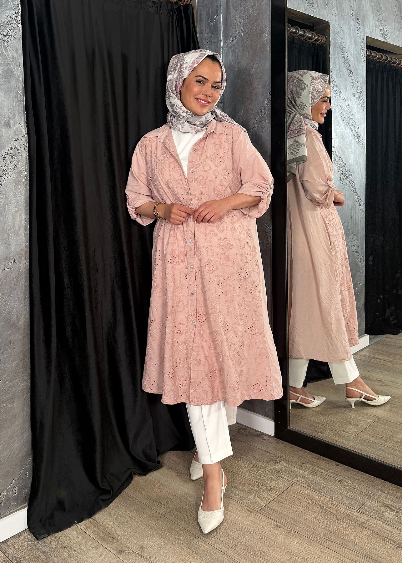 StudioNish Keten Elbise İşlemeli PEMBE - 8