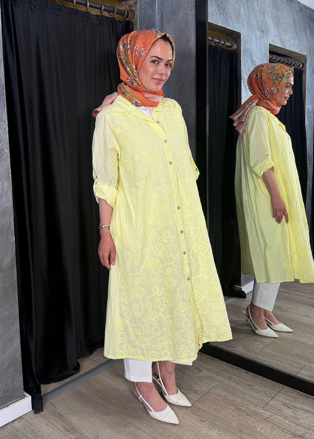 StudioNish Keten Elbise İşlemeli SARI - 6