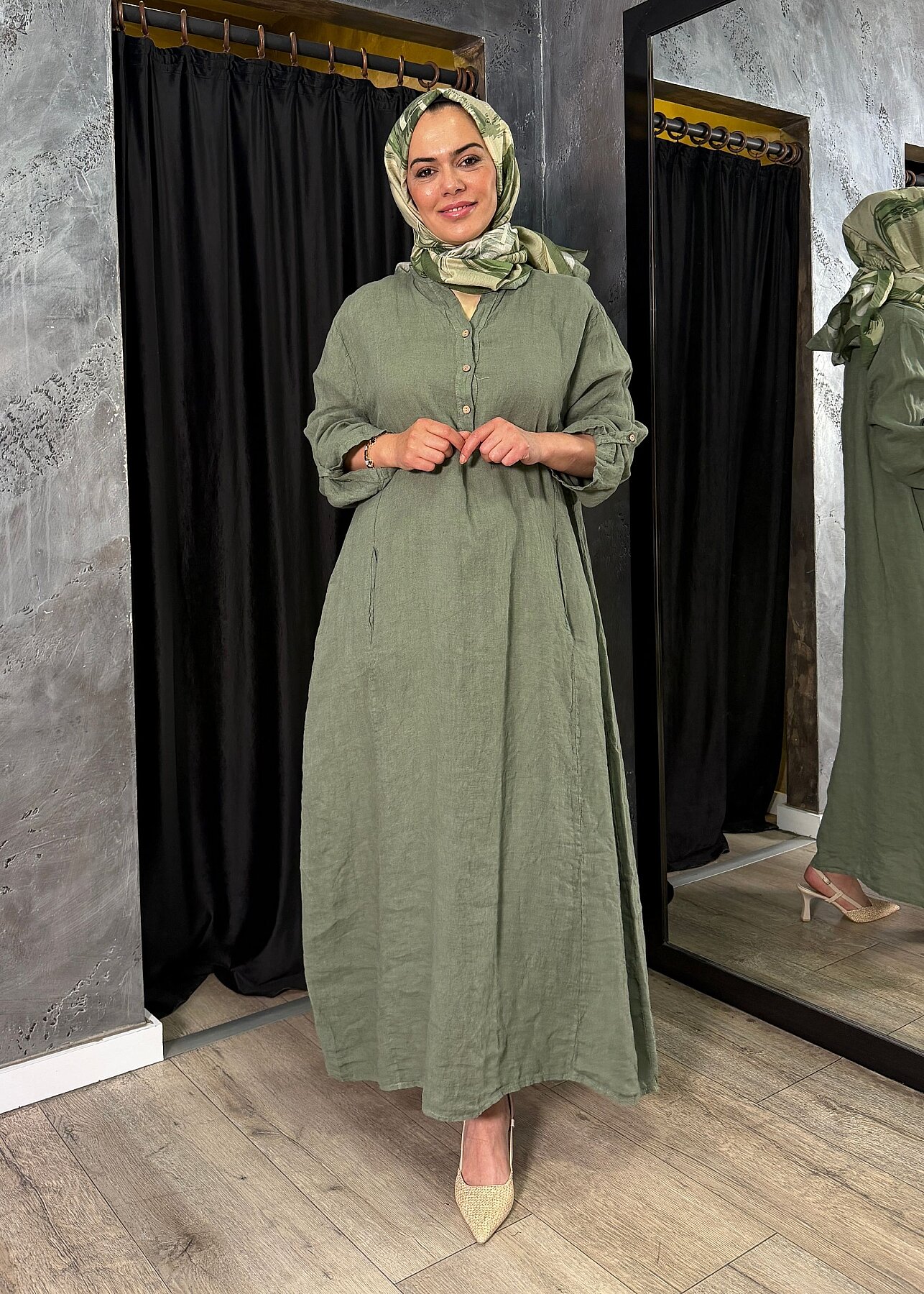 StudioNish Keten Elbise YEŞİL - 3