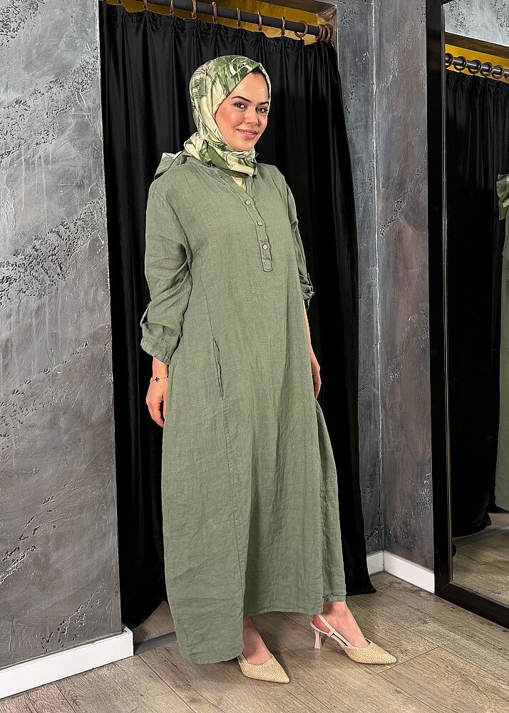 StudioNish Keten Elbise YEŞİL - 4