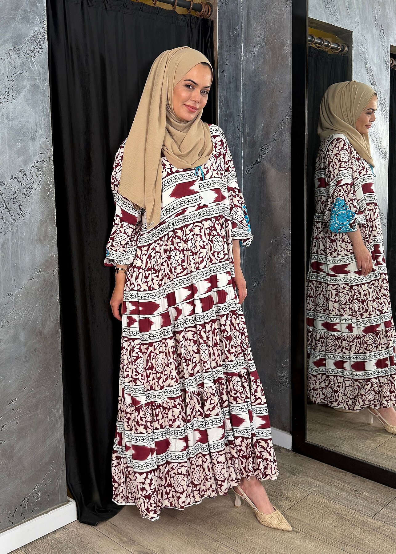 Studionish Kolu Nakışlı Elbise BORDO - 4