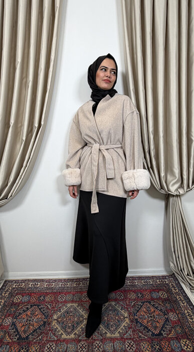 StudioNish Lora Kolu Kürklü Fox Kaban BEJ - 1