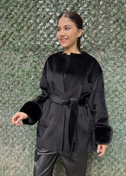 StudioNish Lora Kolu Kürklü Fox Kaban SİYAH - 6