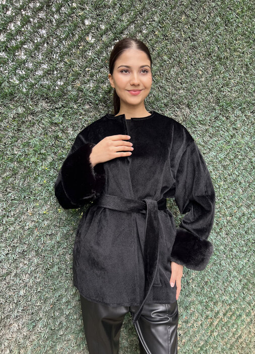 StudioNish Lora Kolu Kürklü Fox Kaban SİYAH - 1