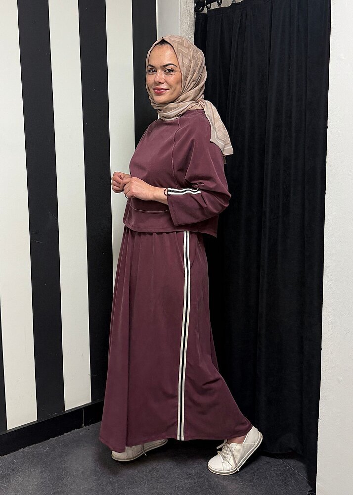 StudioNish Önü Dikiş Detaylı Şeritli Takım BORDO - 9