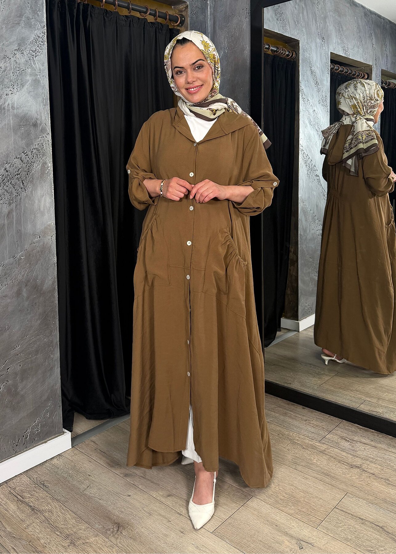 StudioNish Önü Düğmeli Kapüşonlu Kap CAMEL - 2