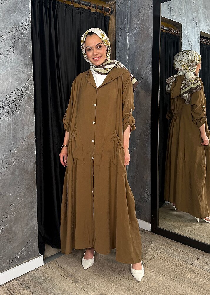 StudioNish Önü Düğmeli Kapüşonlu Kap CAMEL - 3