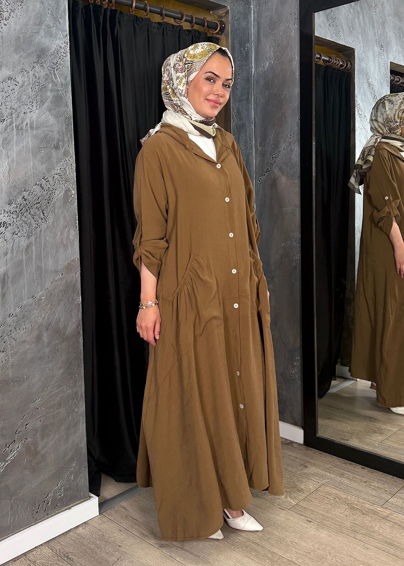 StudioNish Önü Düğmeli Kapüşonlu Kap CAMEL - 4