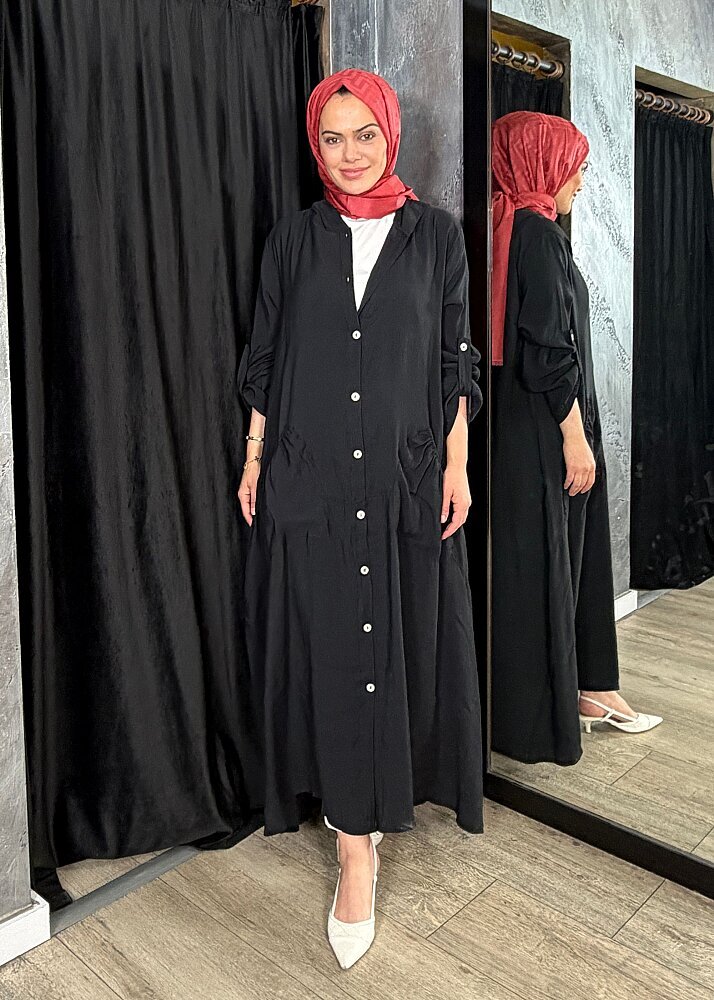StudioNish Önü Düğmeli Kapüşonlu Kap SİYAH - 3