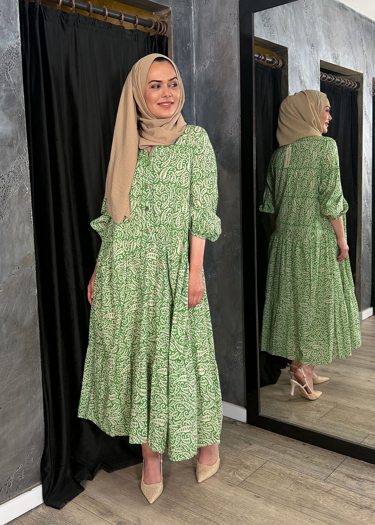 Studionish Önü Düğmeli Yaprak Desenli Elbise YEŞİL - 7