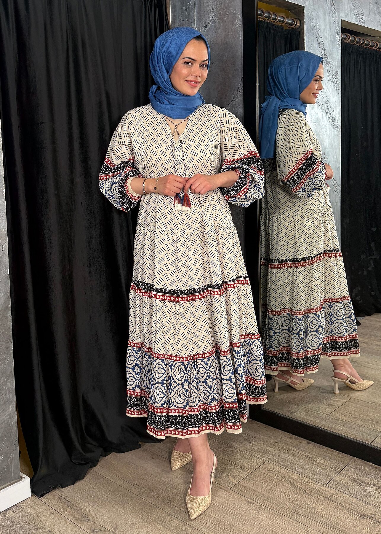 Studionish Püskül Detaylı Uzun Desenli Elbise LACİVERT - 3