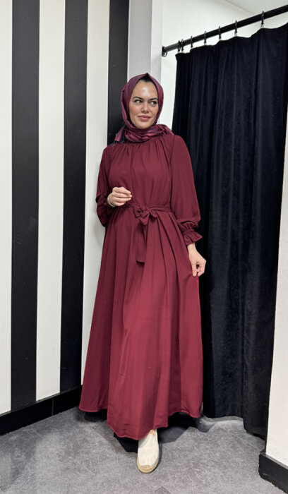 StudioNish Yakası Büzgülü Elbise BORDO - 1
