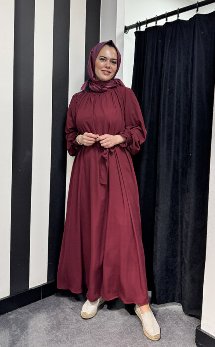 StudioNish Yakası Büzgülü Elbise BORDO - 2
