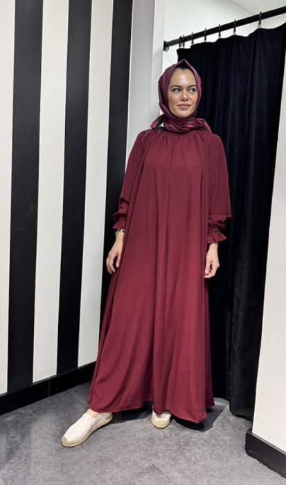 StudioNish Yakası Büzgülü Elbise BORDO - 3