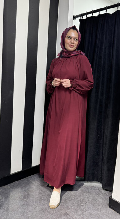 StudioNish Yakası Büzgülü Elbise BORDO - 4