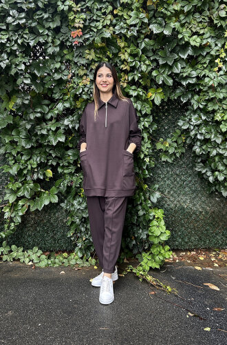 StudioNish Yakası Fermuarlı Pantolonlu Takım Acı Kahve - KATREM