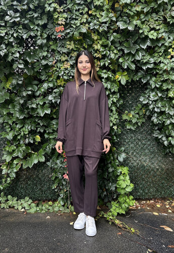 StudioNish Yakası Fermuarlı Pantolonlu Takım Acı Kahve - 2