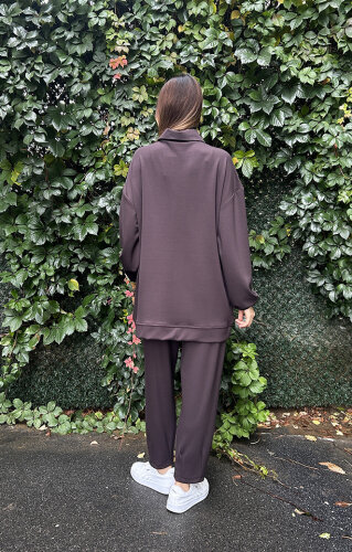 StudioNish Yakası Fermuarlı Pantolonlu Takım Acı Kahve - 3