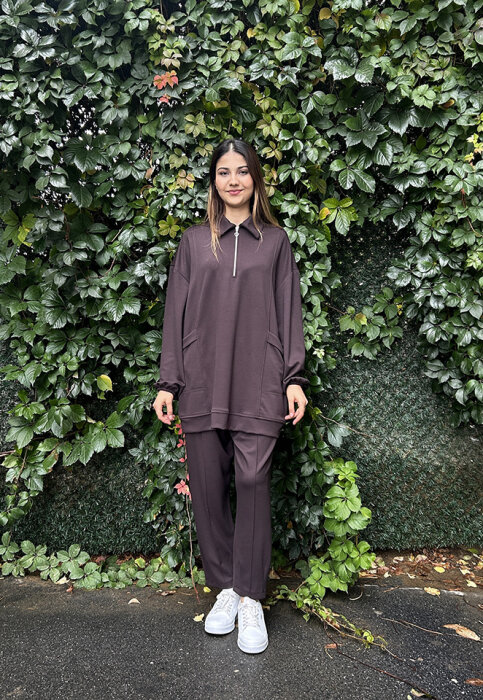 StudioNish Yakası Fermuarlı Pantolonlu Takım Acı Kahve - 2