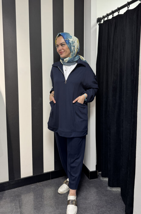 StudioNish Yakası Fermuarlı Pantolonlu Takım LACİVERT - 2