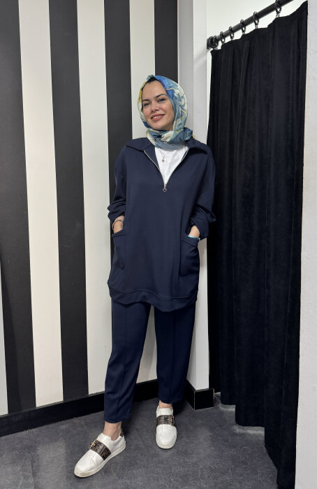 StudioNish Yakası Fermuarlı Pantolonlu Takım LACİVERT - 1