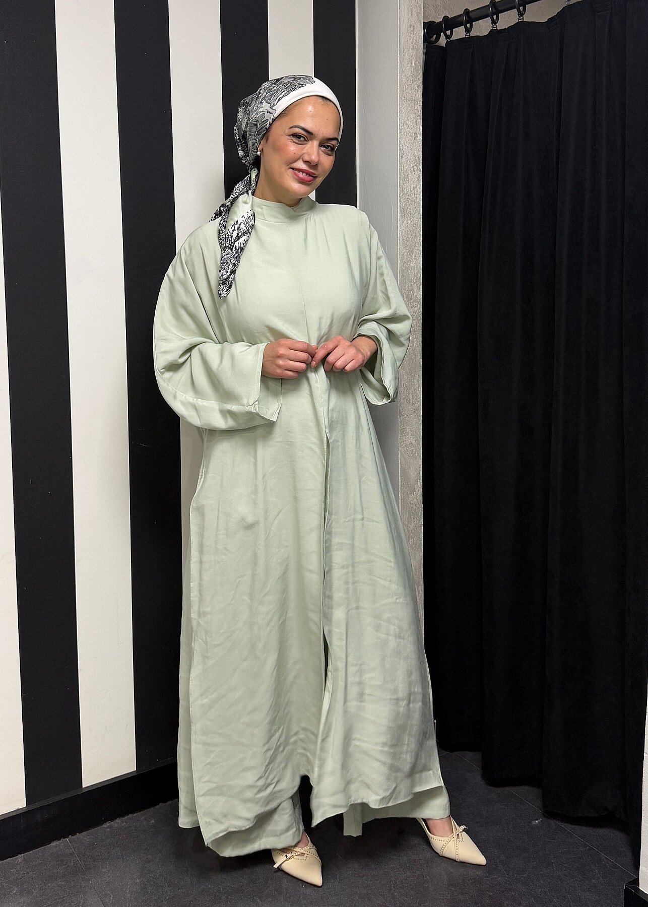 StudioNish Yanları Yırtmaçlı Fular Detaylı Pantolon Takım MİNT - 4