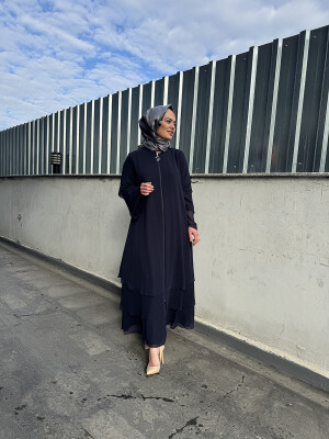 Şükran Fermuarlı Şifon Ferace LACİVERT - 1