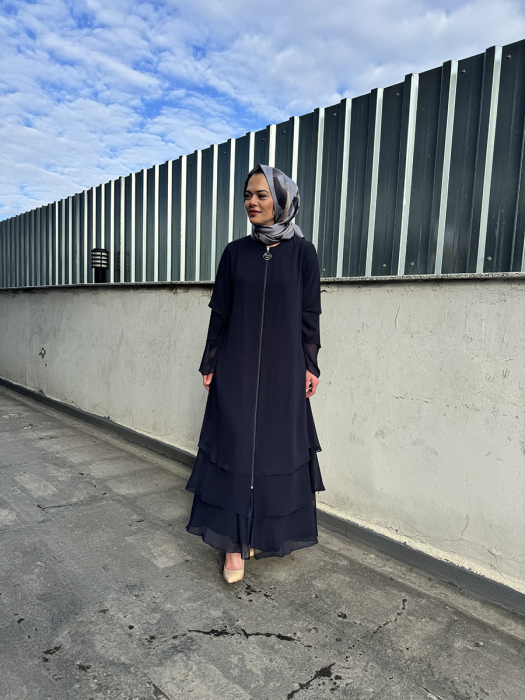 Şükran Fermuarlı Şifon Ferace LACİVERT - 2